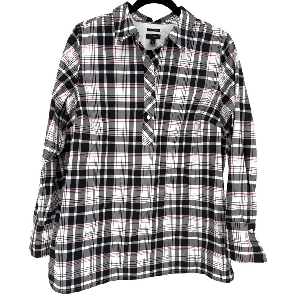 Talbots Plaid Long Sleeve 1/2 Button Popover Blouse Top Sz 10 Wrinkle Resistant - Picture 3 of 12